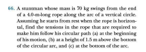 66. A stuntman whose mass is 70 kg swings from the end
of a 4.0-m-long rope along the arc of a vertical circle.
Assuming he starts from rest when the rope is horizon-
tal, find the tensions in the rope that are required to
make him follow his circular path (a) at the beginning
of his motion, (b) at a height of 1.5 m above the bottom
of the circular arc, and (c) at the bottom of the arc.
