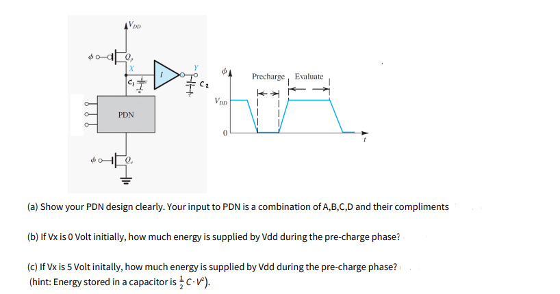 AVDD
Precharge,
Evaluate
Vpp
PDN
(a) Show your PDN design clearly. Your input to PDN is a combination of A,B,C,D and their compliments
(b) If Vx is 0 Volt initially, how much energy is supplied by Vdd during the pre-charge phase?
(c) If Vx is 5 Volt initally, how much energy is supplied by Vdd during the pre-charge phase?
(hint: Energy stored in a capacitor is C-V).
