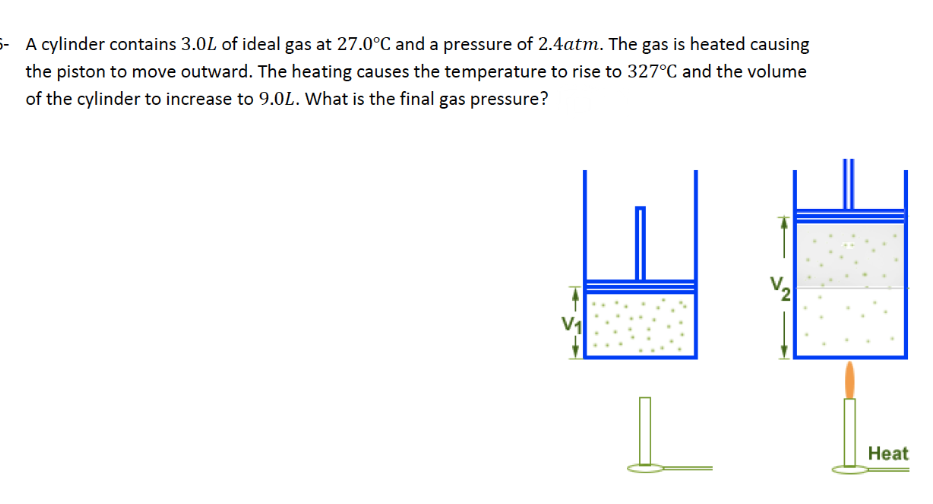 - A cylinder contains 3.0L of ideal gas at 27.0°C and a pressure of 2.4atm. The gas is heated causing
the piston to move outward. The heating causes the temperature to rise to 327°C and the volume
of the cylinder to increase to 9.0L. What is the final gas pressure?
V1
Heat
