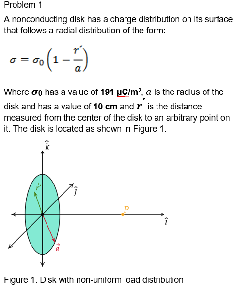 Problem 1
A nonconducting disk has a charge distribution on its surface
that follows a radial distribution of the form:
o = 001
Where oo has a value of 191 µC/m?, a is the radius of the
disk and has a value of 10 cm and r is the distance
measured from the center of the disk to an arbitrary point on
it. The disk is located as shown in Figure 1.
Figure 1. Disk with non-uniform load distribution
