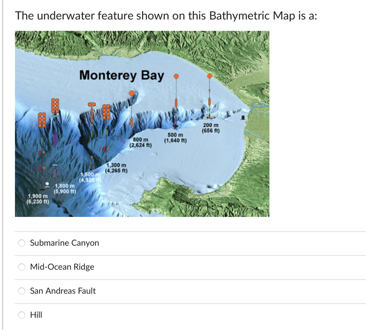 The underwater feature shown on this Bathymetric Map is a:
1,900 m
(6,230 ft)
Monterey Bay
1,300 m
(4,265 ft)
1,500 m
1,800 m
(4,920 ft)
(5,900 ft)
Submarine Canyon
Mid-Ocean Ridge
San Andreas Fault
Hill
200 m
(656 ft)
800 m
(2,624 ft)
500 m
(1,640 ft)