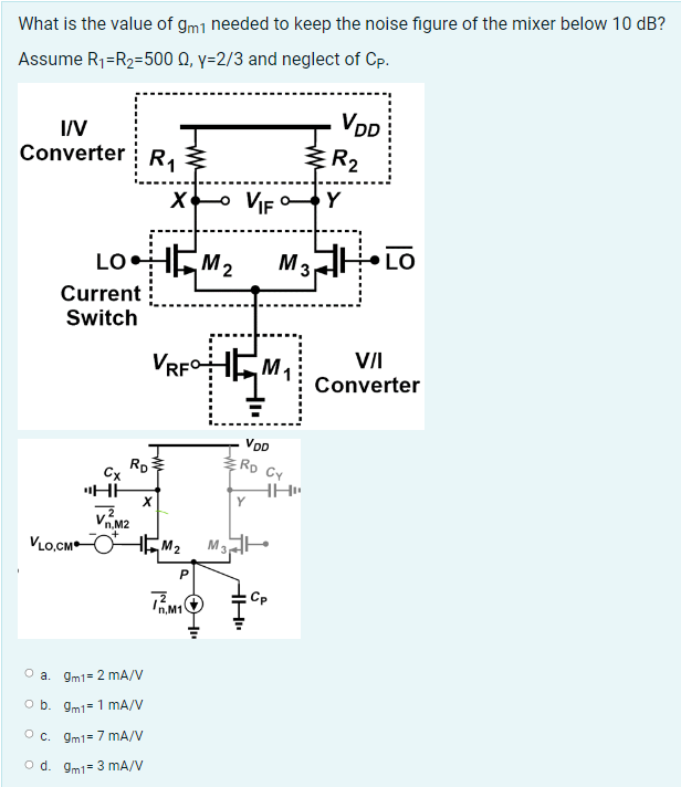 What is the value of gm1 needed to keep the noise figure of the mixer below 10 dB?
Assume R₁=R₂=500 Q, y=2/3 and neglect of Cp.
I/V
Converter R₁
X
VIFY
LOM₂ M3 LO
Current
Switch
VLO.CM
Cx
"HH
Rp
V₁M2
VRFO
X
HM₂
Ⓒa. 9m1= 2 mA/V
O b. gm1= 1 mA/V
O c. 9m1= 7 mA/V
Od. 9m1= 3 mA/V
P
TM1
HEM₁
VDD
RD CY
Y
M3H
HH₁
HH"
VDD
Ĵ
R2
VII
Converter