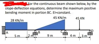 Eor the continuous beam shown below, by the
slope-deflection equations, determine the maximum positive
bending moment in portion BC. El=constant.
28 KN/m
45 KN/m
45, KN
B
OD
A
5 m
2 n
9 m
4 m
3 m
