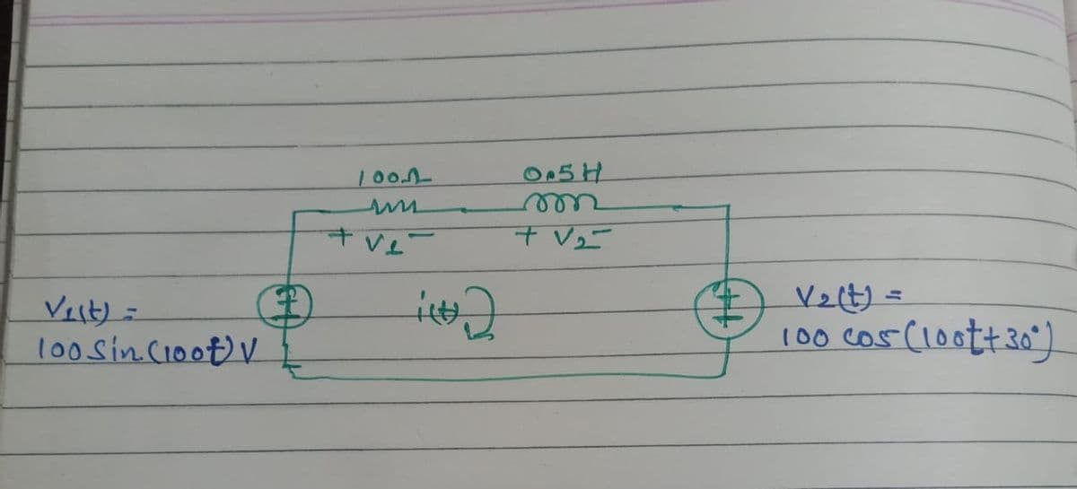 Vest) =
100 Sin (100) V
1005
+ ve
#2
0.5 H
+V₂
V₂(t) =
100
cos (100t+30°)