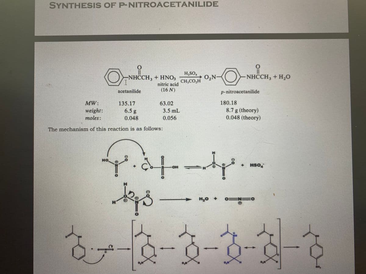 SYNTHESIS OF P-NITROACETANILIDE
H,SO,
NHCCH, + HNO,
O,N-
NHCCH, + H,O
CH,CO,H
nitric acid
(16 N)
acetanilide
p-nitroacetanilide
135.17
6.5 g
0.048
180.18
8.7 g (theory)
0.048 (theory)
MW:
63.02
weight:
moles:
3.5 mL
0.056
The mechanism of this reaction is as follows:
HO
OSH +
H0 + 0 N=
