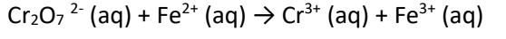 3+
Cr₂O72- (aq) + Fe²+ (aq) → Cr³+ (aq) + Fe³+ (aq)
