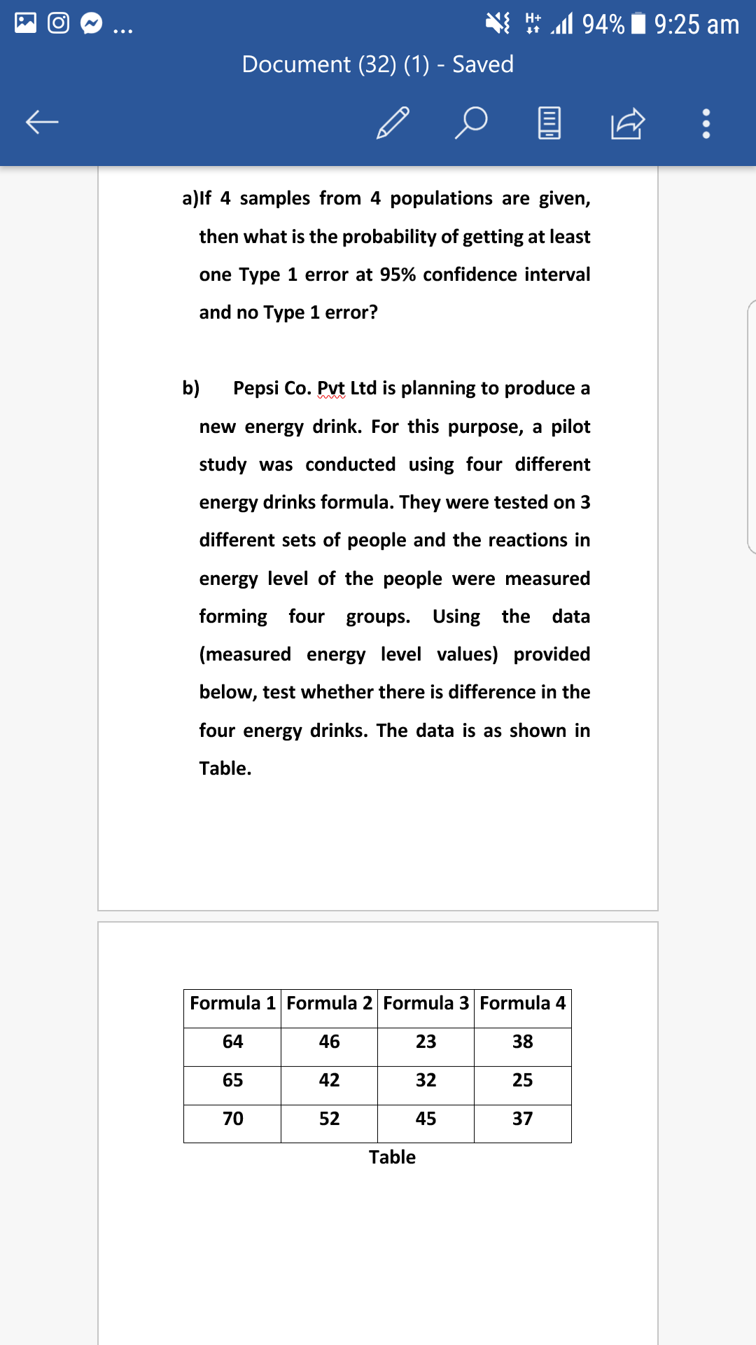 H+ l 94%
9:25 am
Document (32) (1) - Saved
a)lf 4 samples from 4 populations are given,
then what is the probability of getting at least
one Type 1 error at 95% confidence interval
and no Type 1 error?
b)
Pepsi Co. Pvt Ltd is planning to produce a
new energy drink. For this purpose, a pilot
study was conducted using four different
energy drinks formula. They were tested on 3
different sets of people and the reactions in
energy level of the people were measured
forming four groups.
Using the data
(measured energy level values) provided
below, test whether there is difference in the
four energy drinks. The data is as shown in
Table.
Formula 1 Formula 2 Formula 3 Formula 4
64
46
23
38
65
42
32
25
70
52
45
37
Table
