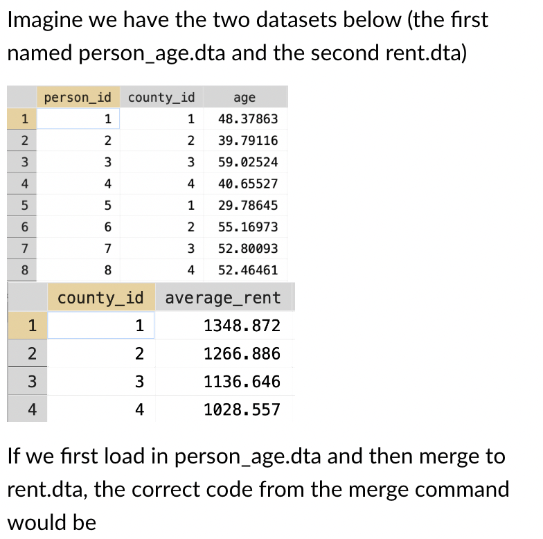 Imagine we have the two datasets below (the first
named person_age.dta and the second rent.dta)
person_id county_id
age
1
1
1 48.37863
23
2
2
2 39.79116
3
3
3 59.02524
4
4
4
40.65527
5
6
56
7
7
8
8
1 29.78645
2
3 52.80093
4 52.46461
county_id average_rent
55.16973
1
1
1348.872
2
2
1266.886
3
3
1136.646
4
4
1028.557
If we first load in person_age.dta and then merge to
rent.dta, the correct code from the merge command
would be