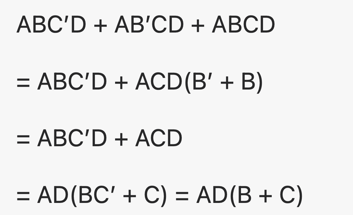 ABC'D + AB'CD + ABCD
= ABC'D + ACD (B' + B)
= ABC'D + ACD
=
= AD(BC' + C) = AD(B + C)
