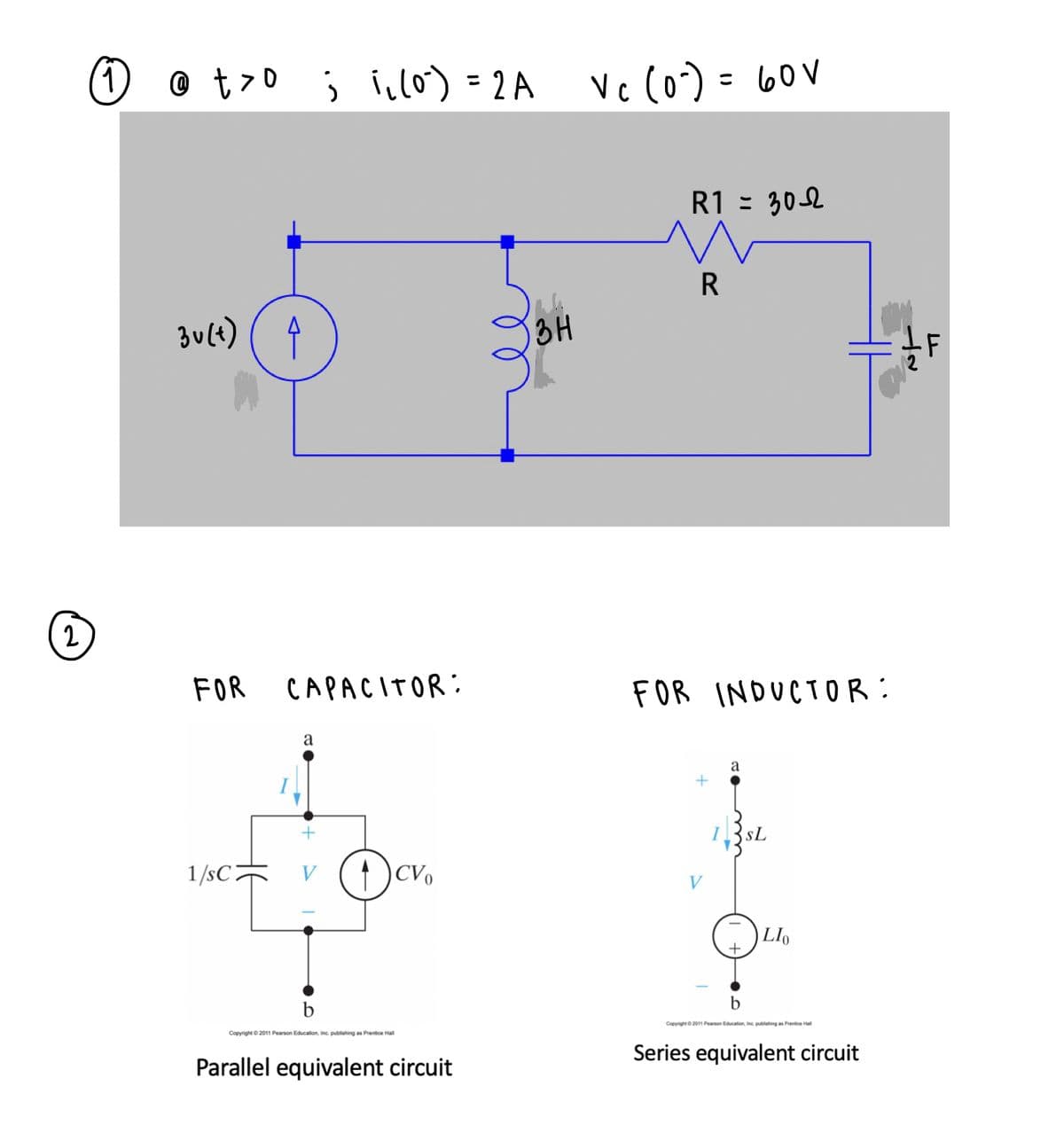 2
11 @ t>o ; 1₁ (0-²) = 2A
i,
Bu(t) (4
FOR
1/sC
CAPACITOR:
a
b
CVo
Copyright © 2011 Pearson Education, Inc. publishing as Prentice Hall
Parallel equivalent circuit
13H
Vc (0) = 60V
R1 = 30-2
R
FOR INDUCTOR:
V
IR SL
Llo
Copyright © 2011 Pearson Education, Inc. publishing as Prentice Hall
Series equivalent circuit