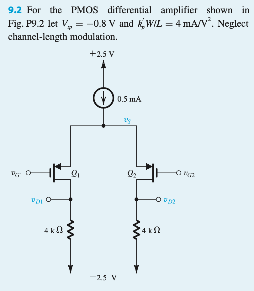 9.2 For the PMOS differential amplifier shown in
Fig. P9.2 let V₁ = −0.8 V and k' W/L = 4 mA/V². Neglect
channel-length
tp
modulation.
+2.5 V
UGI O
UDI
4 kΩ
2₁
0.5 mA
-2.5 V
US
2₂
-O VG2
DUD2
4kQ