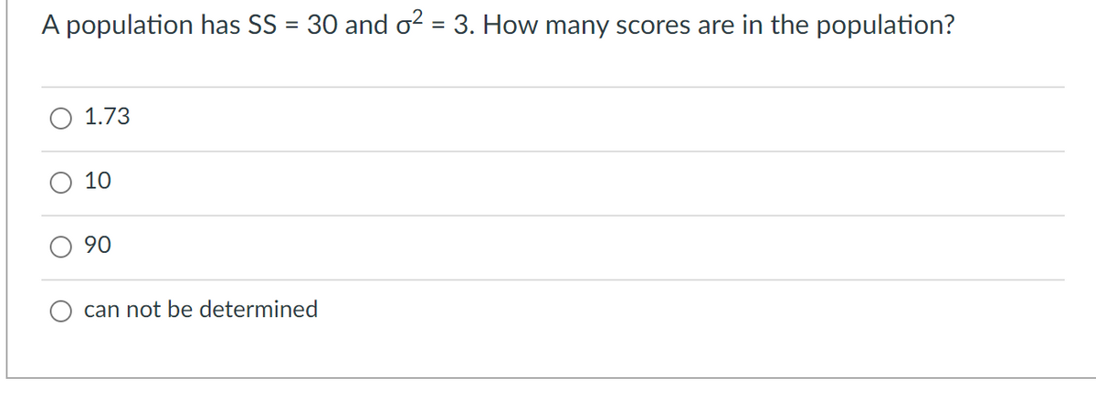A population has SS = 30 and o? = 3. How many scores are in the population?
%3D
1.73
10
90
can not be determined
