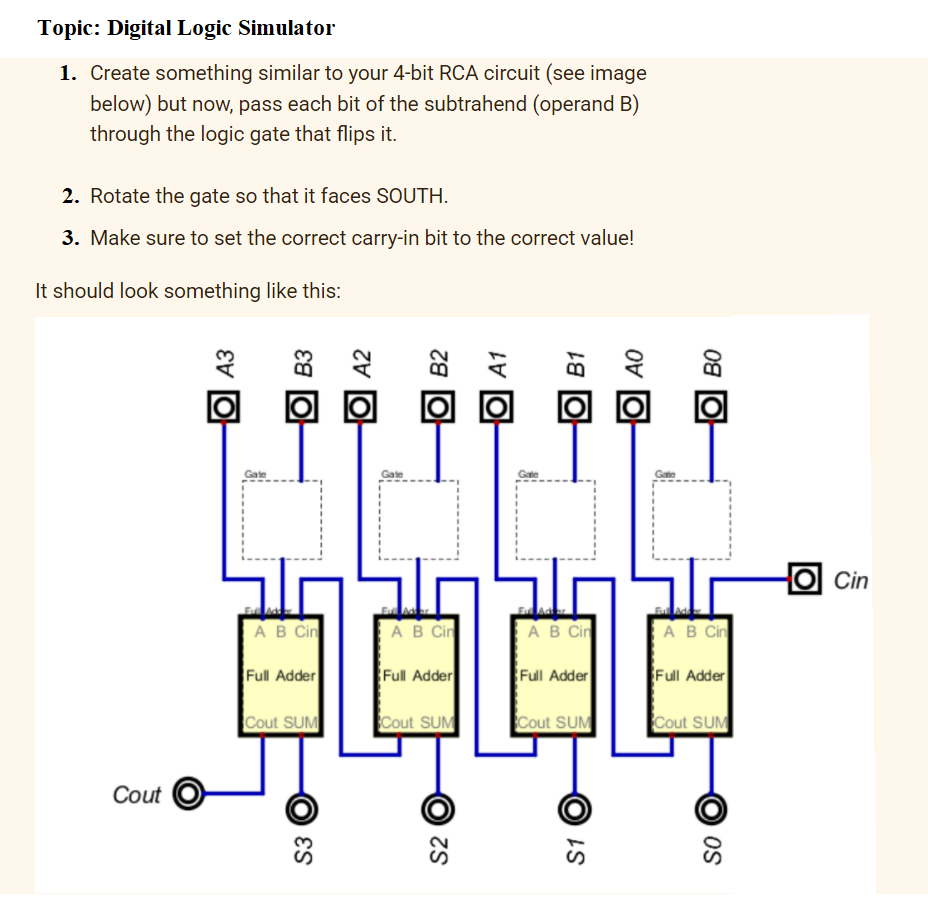 Topic: Digital Logic Simulator
1. Create something similar to your 4-bit RCA circuit (see image
below) but now, pass each bit of the subtrahend (operand B)
through the logic gate that flips it.
2. Rotate the gate so that it faces SOUTH.
3. Make sure to set the correct carry-in bit to the correct value!
It should look something like this:
Cin
AB Cin
AB Cin
AB Cin
A B Cin
Full Adder
Full Adder
Full Adder
Full Adder
Cout SUM
Cout SUM
Cout SUM
Cout SUM
Cout
АЗ
B3
ES
A2
HO B2
S2
A1
S1
B1
O AO
O BO
OS
