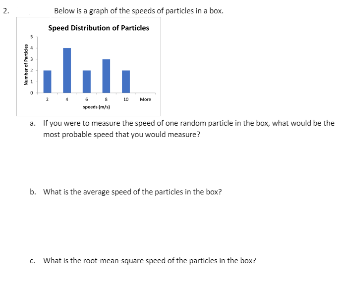 Below is a graph of the speeds of particles in a box.
Speed Distribution of Particles
4
6
8
10
More
speeds (m/s)
a. If you were to measure the speed of one random particle in the box, what would be the
most probable speed that you would measure?
b. What is the average speed of the particles in the box?
c. What is the root-mean-square speed of the particles in the box?
2.
