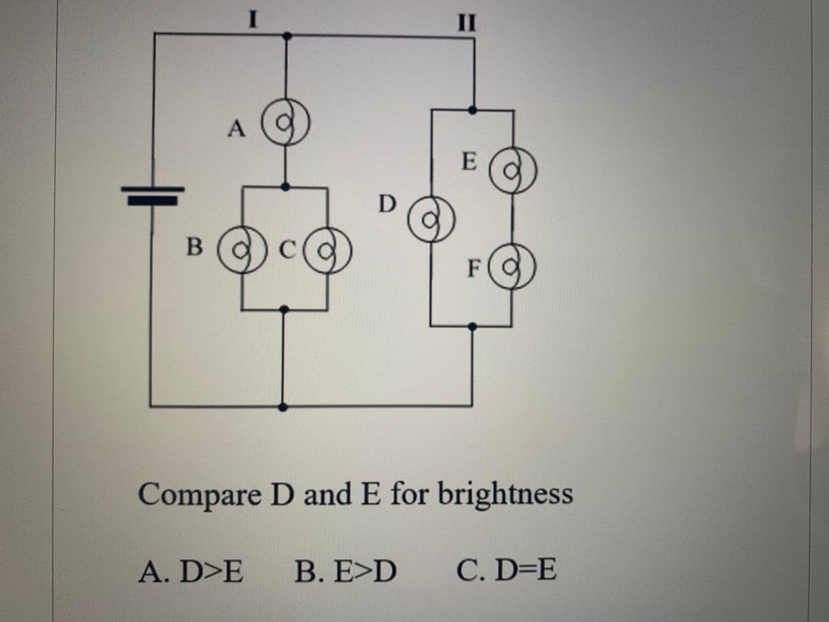 I
II
E
C
F(O
Compare D and E for brightness
A. D>E
B. E>D
C. D=E
