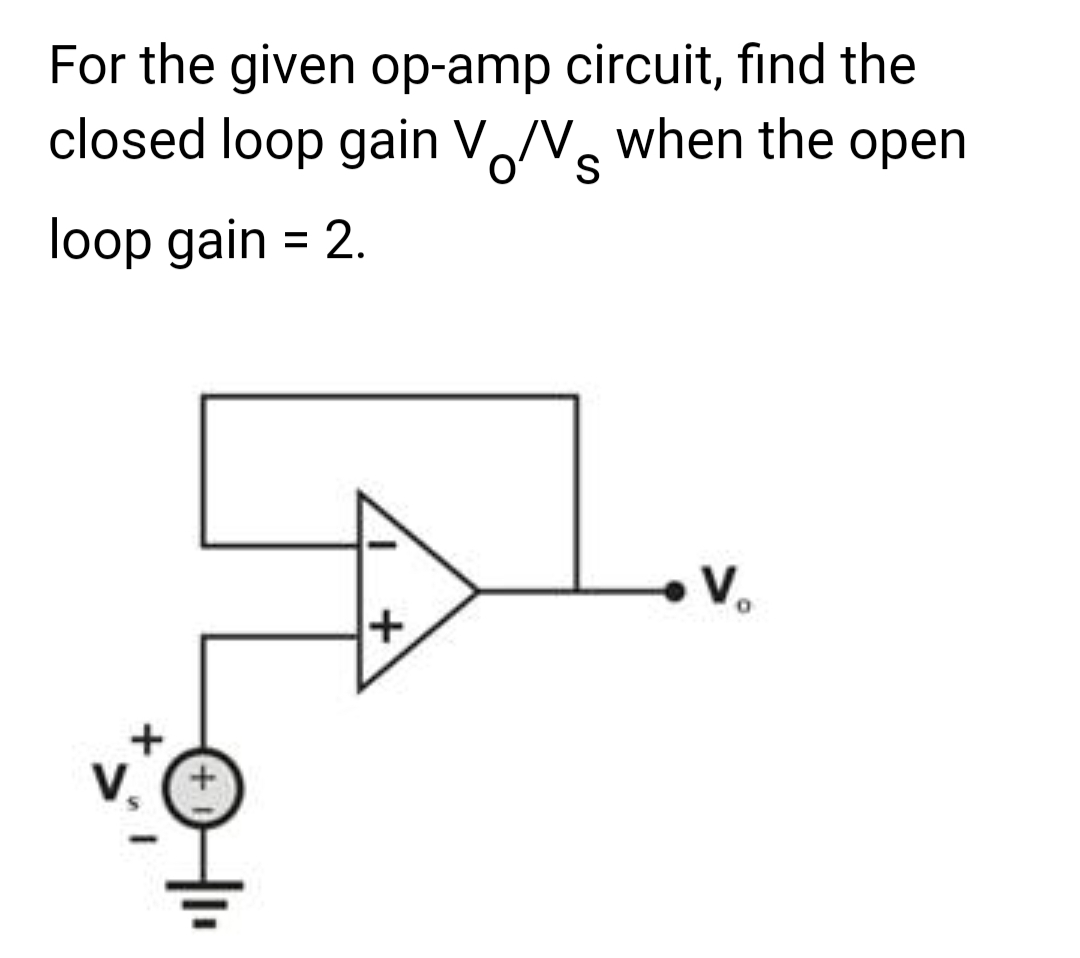 For the given op-amp circuit, find the
closed loop gain V/V when the open
S
loop gain = 2.
+
V₂