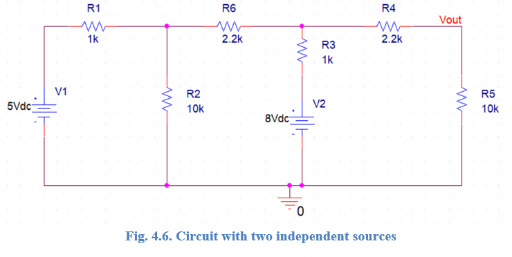 5Vdc-
V1
R1
ww
1k
R2
10k
R6
2.2k
8Vdc
R3
1k
V2
R4
2.2k
Fig. 4.6. Circuit with two independent sources
Vout
R5
10k