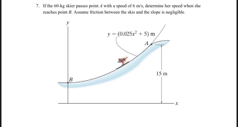 7. If the 60-kg skier passes point A with a speed of 6 m/s, determine her speed when she
reaches point B. Assume friction between the skis and the slope is negligible.
y
B
y = (0.025x2+5) m
A
15 m
x