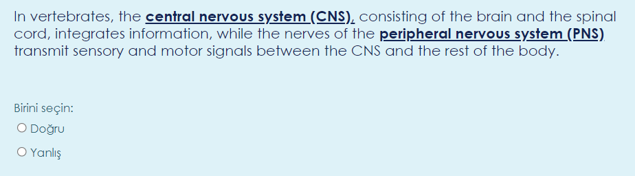 In vertebrates, the central nervous system (CNS), consisting of the brain and the spinal
cord, integrates information, while the nerves of the peripheral nervous system (PNS)
transmit sensory and motor signals between the CNS and the rest of the body.
Birini seçin:
O Doğru
O Yanlış
