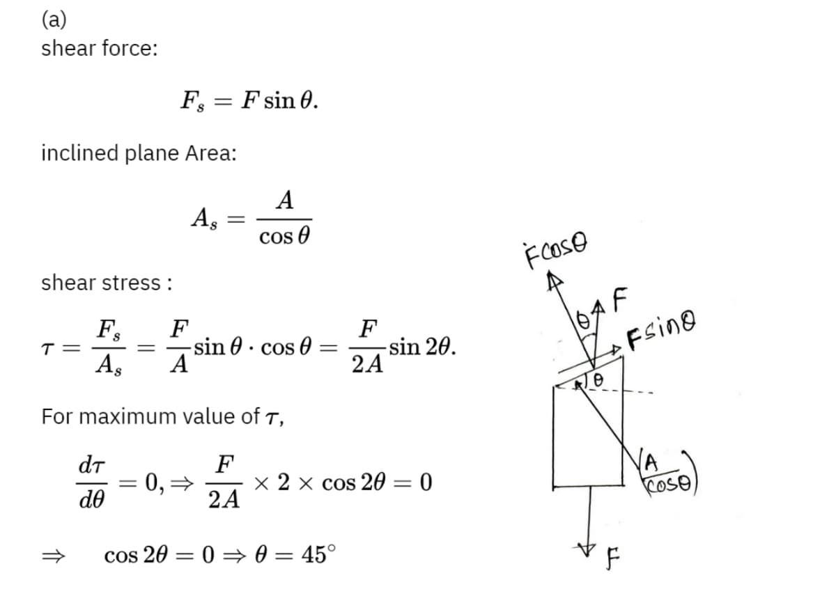 (a)
shear force:
inclined plane Area:
shear stress:
T=
介
F = F sin 0.
dT
de
-
As
Fs F
As A
For maximum value of T,
F
0,⇒ x 2 x cos 20 = 0
2A
=
A
Cos
-sin cos 0:
cos 2000 = 45°
F
2.4 sin 28.
2A
FCOSO
AF
4 FSing
F
VA
Cose
