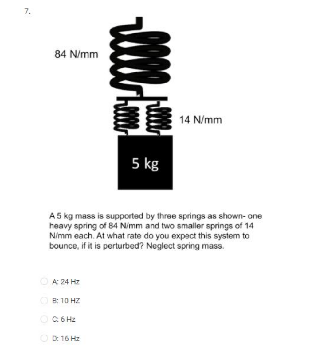 7.
84 N/mm
A: 24 Hz
B: 10 HZ
A 5 kg mass is supported by three springs as shown-one
heavy spring of 84 N/mm and two smaller springs of 14
N/mm each. At what rate do you expect this system to
bounce, if it is perturbed? Neglect spring mass.
C: 6 Hz
!!!!! he!!!
D: 16 Hz
工
5 kg
14 N/mm