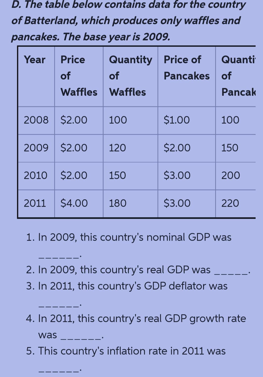 D. The table below contains data for the country
of Batterland, which produces only waffles and
pancakes. The base year is 2009.
Year
Price
Quantity Price of
Quanti
of
of
Pancakes of
Waffles Waffles
Pancak
2008 $2.00
100
$1.00
100
2009
$2.00
120
$2.00
150
2010 $2.0O
150
$3.00
200
2011
$4.00
180
$3.00
220
1. In 2009, this country's nominal GDP was
2. In 2009, this country's real GDP was
3. In 2011, this country's GDP deflator was
4. In 2011, this country's real GDP growth rate
was
5. This country's inflation rate in 2011 was
