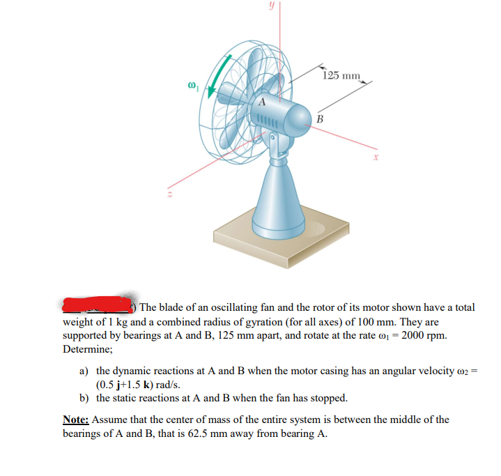 125 mm
B
The blade of an oscillating fan and the rotor of its motor shown have a total
weight of 1 kg and a combined radius of gyration (for all axes) of 100 mm. They are
supported by bearings at A and B, 125 mm apart, and rotate at the rate o = 2000 rpm.
Determine;
a) the dynamic reactions at A and B when the motor casing has an angular velocity m2 =
(0.5 j+1.5 k) rad/s.
b) the static reactions at A and B when the fan has stopped.
Note: Assume that the center of mass of the entire system is between the middle of the
bearings of A and B, that is 62.5 mm away from bearing A.
