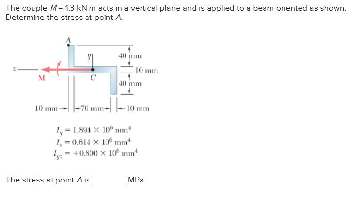 The couple M = 1.3 kN-m acts in a vertical plane and is applied to a beam oriented as shown.
Determine the stress at point A.
M
10 mm
40 mm
The stress at point A is
10 mm
70 mm
1y = 1.894 x 106 mm
1₂ = 0.614 x 106 mm²
Iyz = +0.800 × 106 mm¹
40 mm
-10 mm
MPa.
