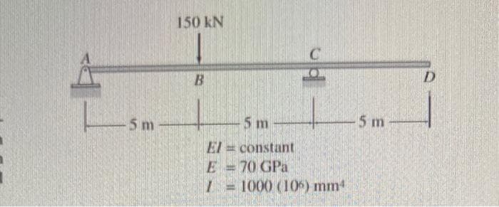 5 m
150 kN
B
5 m
El = constant
E-70 GPa
7 = 1000 (106) mm¹
5 m
D