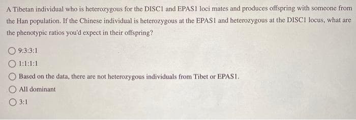 A Tibetan individual who is heterozygous for the DISC1 and EPAS1 loci mates and produces offspring with someone from
the Han population. If the Chinese individual is heterozygous at the EPAS1 and heterozygous at the DISC1 locus, what are
the phenotypic ratios you'd expect in their offspring?
9:3:3:1
1:1:1:1
Based on the data, there are not heterozygous individuals from Tibet or EPAS1.
All dominant
3:1