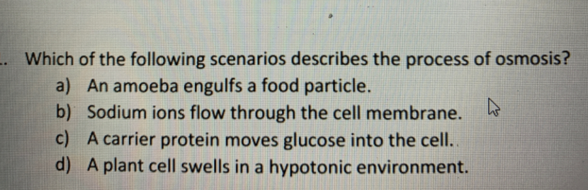 Which of the following scenarios describes the process of osmosis?
a) An amoeba engulfs a food particle.
b) Sodium ions flow through the cell membrane.
c) A carrier protein moves glucose into the cell..
d) A plant cell swells in a hypotonic environment.
