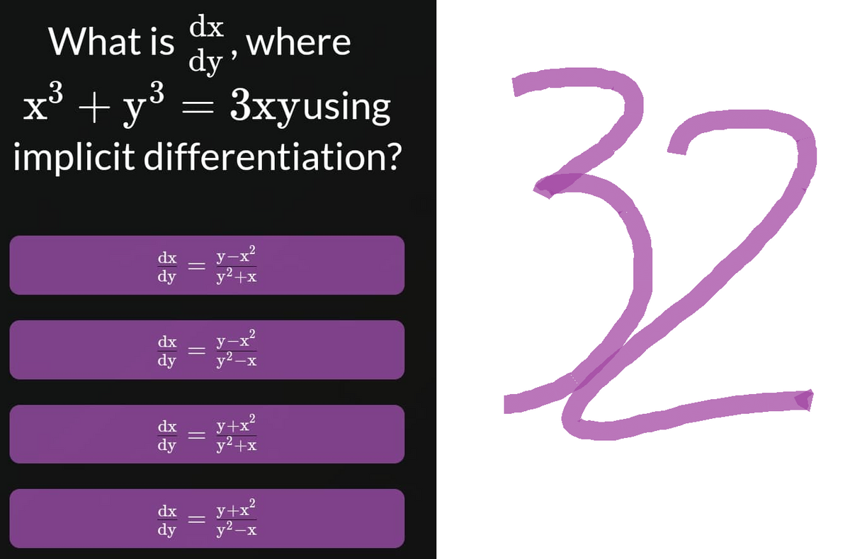 dx
What is where
dy'
3
x³ + y³ = 3xyusing
differentiation?
implicit
dx
dy
y² +x
dx
dy
-X
dx
y+x²
dy
y² + x
dx
y+x²
=
dy y²-x
=
=
=
32