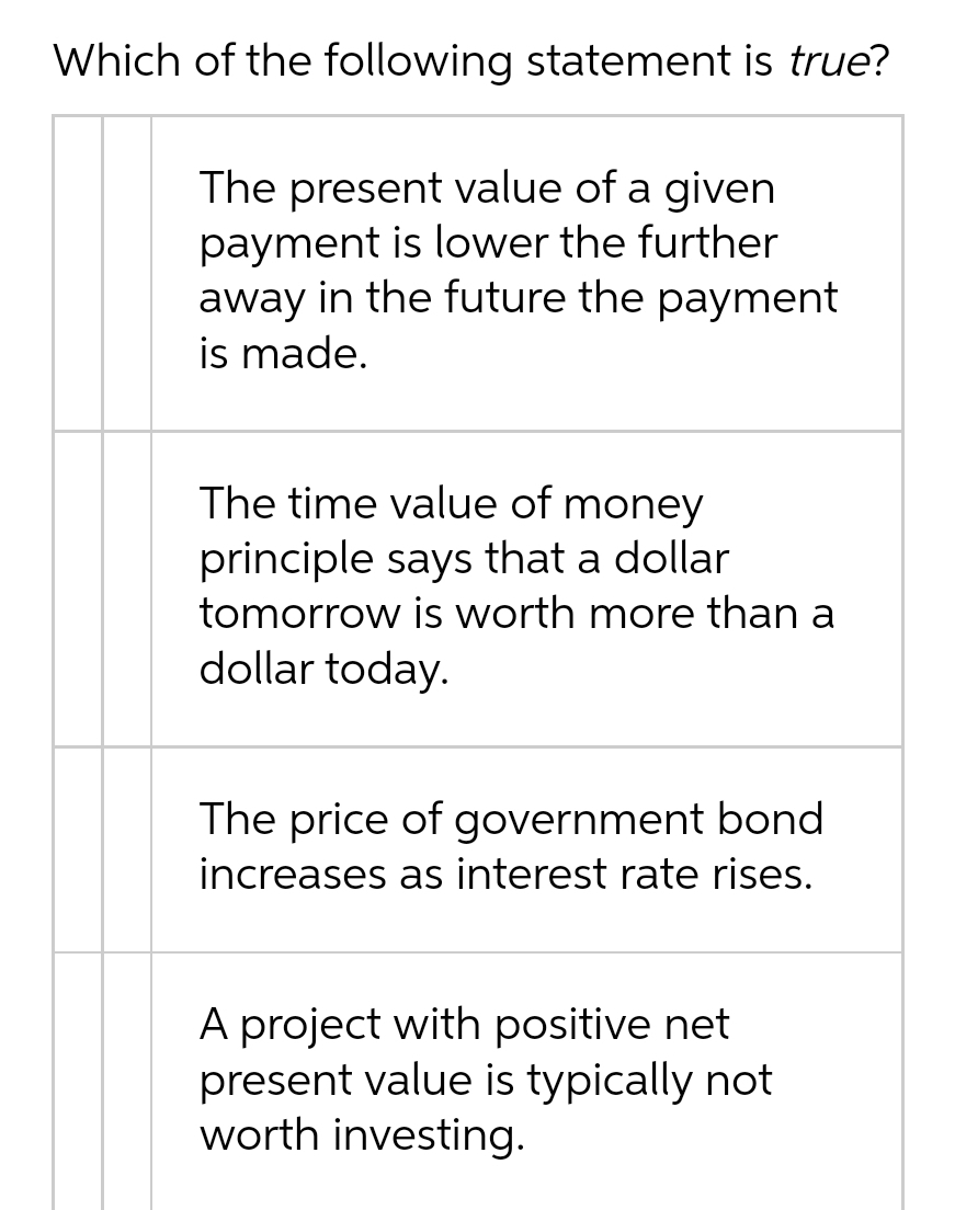 Which of the following statement is true?
The present value of a given
payment is lower the further
away in the future the payment
is made.
The time value of money
principle says that a dollar
tomorrow is worth more than a
dollar today.
The price of government bond
increases as interest rate rises.
A project with positive net
present value is typically not
worth investing.