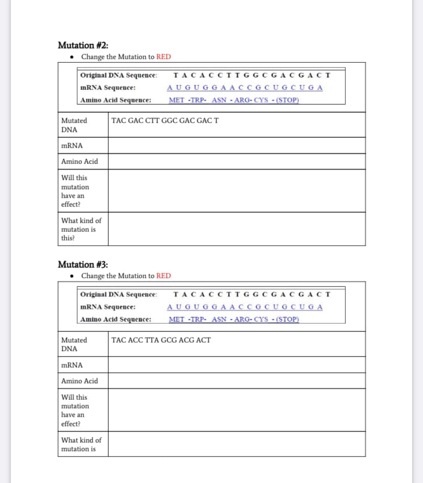 Mutation #2:
• Change the Mutation to RED
TACACC TIG GC GACGACT
A U GU G G A A C C G C UG CUGA
MET -TRP- ASN - ARG- CYS - (STOP)
Original DNA Sequence:
MRNA Sequence:
Amino Acid Sequence:
Mutated
TAC GÁC CTT GGC GAC GÁC T
DNA
mRNA
Amino Acid
Will this
mutation
have an
effect?
What kind of
mutation is
this?
Mutation #3:
• Change the Mutation to RED
TACACCTT G G C G A C GACT
AUGUG G A A C C G C U G C U G A
MET -TRP- ASN - ARG- CYS - (STOP)
Original DNA Sequence:
mRNA Sequence:
Amino Acid Sequence:
Mutated
TAC ACC TTA GCG ACG ACT
DNA
MRNA
Amino Acid
Will this
mutation
have an
effect?
What kind of
mutation is
