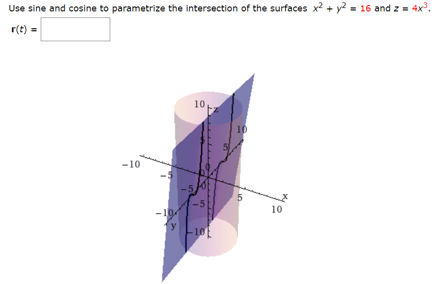 Use sine and cosine to parametrize the intersection of the surfaces x² + y² = 16 and z = 4x³.
r(t) =
