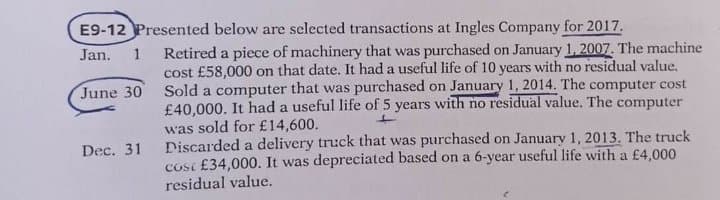 E9-12 Presented below are selected transactions at Ingles Company for 2017.
Retired a piece of machinery that was purchased on January 1, 2007. The machine
cost £58,000 on that date. It had a useful life of 10 years with no residual value.
Sold a computer that was purchased on January 1, 2014. The computer cost
£40,000. It had a useful life of 5 years with no residual value. The computer
Jan.
1
June 30
was sold for £14,600.
Discarded a delivery truck that was purchased on January 1, 2013. The truck
cosi £34,000. It was depreciated based on a 6-year useful life with a £4,000
residual value.
Dec. 31
