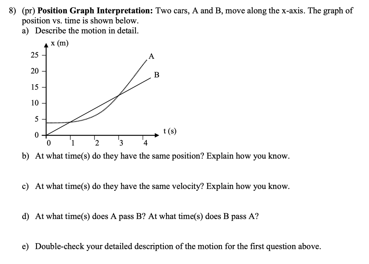 8) (pr) Position Graph Interpretation: Two cars, A and B, move along the x-axis. The graph of
position vs. time is shown below.
a) Describe the motion in detail.
x (m)
25
20
15
10
5
0
A
B
t (s)
0
1
2
3
4
b) At what time(s) do they have the same position? Explain how you know.
c) At what time(s) do they have the same velocity? Explain how you know.
d) At what time(s) does A pass B? At what time(s) does B pass A?
e) Double-check your detailed description of the motion for the first question above.