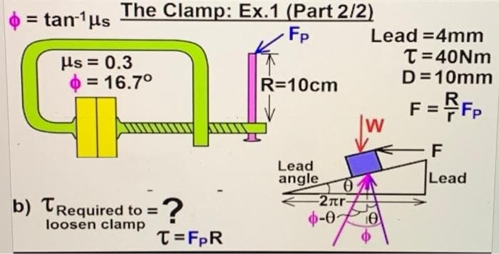 = tan-¹μs
The Clamp: Ex.1 (Part 2/2)
Fp
R=10cm
Lead
angle
μs = 0.3
= 16.7°
b) TRequired to =
loosen clamp
=?
T=FpR
Ꮎ
-2лr-
-0-
Lead=4mm
T=40Nm
D=10mm
F = Fp
F
Lead
w
10