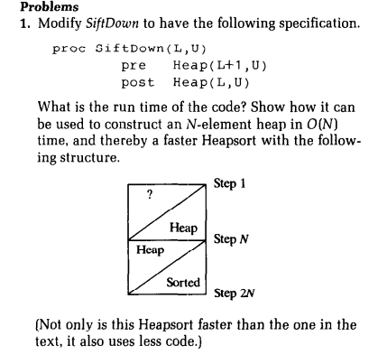 Problems
1. Modify SiftDown to have the following specification.
proc SiftDown (L,U)
pre
Неap(L+1,U)
post Heap(L,U)
What is the run time of the code? Show how it can
be used to construct an N-element heap in O(N)
time, and thereby a faster Heapsort with the follow-
ing structure.
Step 1
?
Heap
Step N
Heap
Sorted
Step 2N
(Not only is this Heapsort faster than the one in the
text, it also uses less code.)
