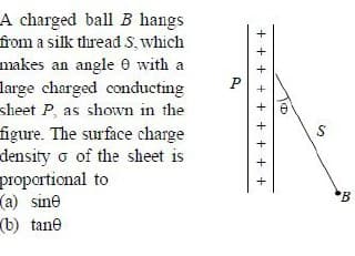 A charged ball B hangs
from a silk thread S, which
makes an angle 0 with a
large charged conducting
sheet P, as shown in the
figure. The surface charge
density o of the sheet is
proportional to
(a) sine
(b) tane
P
S
'B.
+ + + + + + + + +
