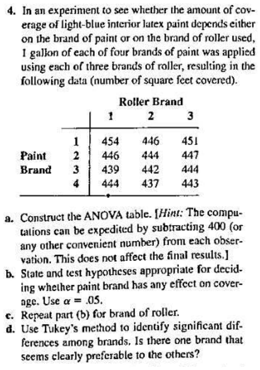 4. In an experiment to see whether the amount of cov-
erage of light-blue interior latex paint depends either
on the brand of paint or on the brand of roller used,
I gallon of each of four brands of paint was applied
using each of three brands of roller, resulting in the
following data (number of square feet covered).
Roller Brand
2
3
454
446
1
446
451
2
447
Paint
Вгаnd
444
3
439
442
444
4
444
437
443
a. Construct the ANOVA table. [Hint: The compu-
tations can be expedited by subtracting 400 (or
any other convenient number) from each obser-
vation. This does not affect the final results.]
b. State and test hypotheses appropriate for decid-
ing whether paint brand has any effect on cover-
nge. Use a = .0s.
c. Repeat part (b) for brand of roller.
d. Use Tukey's method to identify significant dif-
ferences among brands. Is there one brand that
seems clearly preferable to the others?
