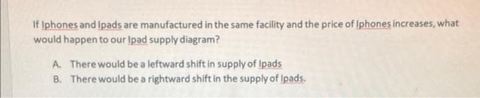 If Iphones and Ipads are manufactured in the same facility and the price of Iphones increases, what
would happen to our Ipad supply diagram?
A. There would be a leftward shift in supply of Ipads
B. There would be a rightward shift in the supply of Ipads.
