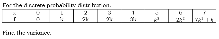 For the discrete probability distribution.
1
2
3
4
б
7
k
2k
2k
3k
k2
2k?
7k? +k
Find the variance.

