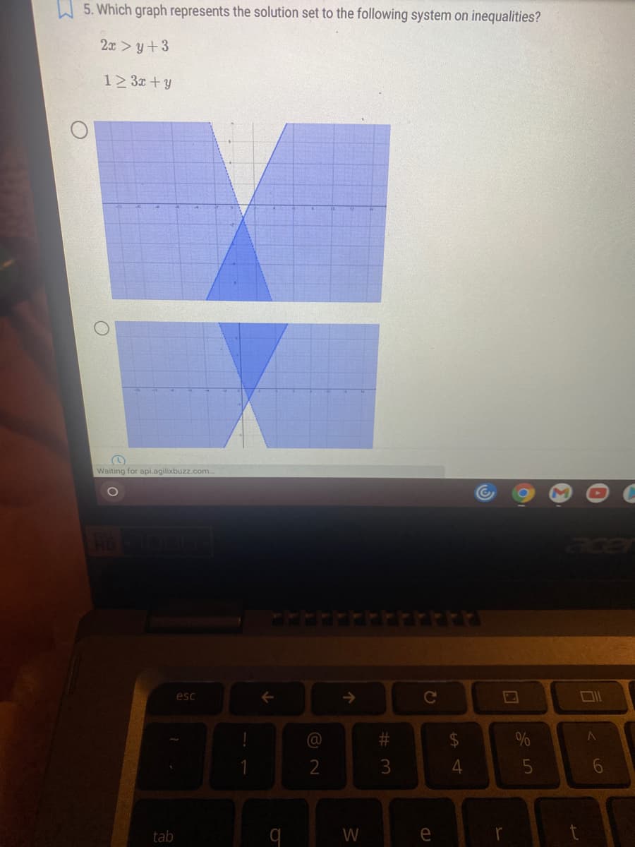 W 5. Which graph represents the solution set to the following system on inequalities?
2x>y+3
123x+y
Waiting for api.agilixbuzz.com.
ace
esc
Ce
%23
24
%
2
3.
4.
6.
tab
W
e
