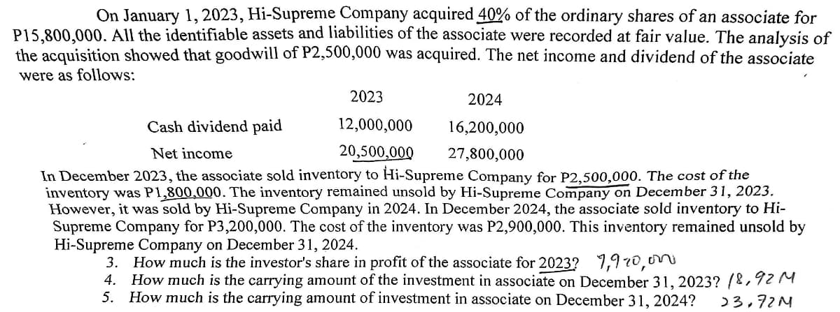 On January 1, 2023, Hi-Supreme Company acquired 40% of the ordinary shares of an associate for
P15,800,000. All the identifiable assets and liabilities of the associate were recorded at fair value. The analysis of
the acquisition showed that goodwill of P2,500,000 was acquired. The net income and dividend of the associate
were as follows:
2023
2024
Cash dividend paid
12,000,000
16,200,000
Net income
20,500,000
27,800,000
In December 2023, the associate sold inventory to Hi-Supreme Company for P2,500,000. The cost of the
inventory was P1,800,000. The inventory remained unsold by Hi-Supreme Company on December 31, 2023.
However, it was sold by Hi-Supreme Company in 2024. In December 2024, the associate sold inventory to Hi-
Supreme Company for P3,200,000. The cost of the inventory was P2,900,000. This inventory remained unsold by
Hi-Supreme Company on December 31, 2024.
3. How much is the investor's share in profit of the associate for 2023? 7,970,000
4.
How much is the carrying amount of the investment in associate on December 31, 2023? 18,92 M
5. How much is the carrying amount of investment in associate on December 31, 2024?
23.72M