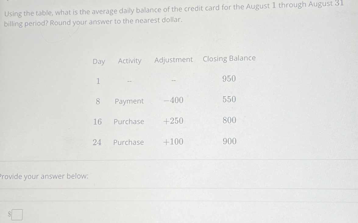 Using the table, what is the average daily balance of the credit card for the August 1 through August 31
billing period? Round your answer to the nearest dollar.
Provide your answer below:
Day
Activity Adjustment Closing Balance
1
950
8
Payment
-400
550
16
Purchase
+250
800
24
Purchase
+100
900