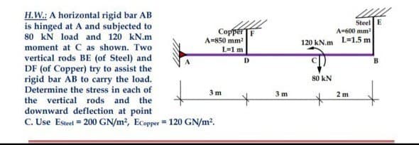 H.W.: A horizontal rigid bar AB
is hinged at A and subjected to
80 KN load and 120 kN.m
moment at C as shown. Two
vertical rods BE (of Steel) and
DF (of Copper) try to assist the
rigid bar AB to carry the load.
Determine the stress in each of
the vertical rods and the
downward deflection at point
C. Use Esteet = 200 GN/m², Ecopper = 120 GN/m².
Copper F
A-850 mm²
L=1m
3m
D
3 m
A-600 mm²
120 kN.m L=1.5 m
80 kN
*
Steel E
2m