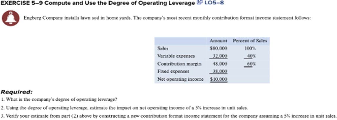 EXERCISE 5-9 Compute and Use the Degree of Operating Leverage LO5-8
Engbery Company installs lawn sod in hone yards. The company's most recent monthly contribution format income statement follows:
Sales
Variable expenses
Contribution margin
Fixed expenses
Net operating income
Amount Percent of Sales
$80,000
100%
32,000
48,000
38,000
$10.000
60%
Required:
1. What is the company's degree of operating leverage?
2. Using the degree of operating leverage, estimate the impact on net operating income of a 5% increase in unit sales.
3. Verify your estimate from part (2) above by constructing a new contribution format income statement for the company assuming a 5% increase in unit sales.