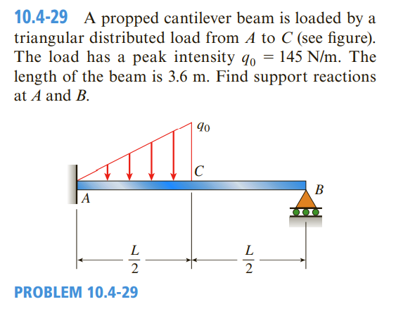 10.4-29 A propped cantilever beam is loaded by a
triangular distributed load from A to C (see figure).
The load has a peak intensity qo = 145 N/m. The
length of the beam is 3.6 m. Find support reactions
at A and B.
C
A
L
L
2
PROBLEM 10.4-29
B.
