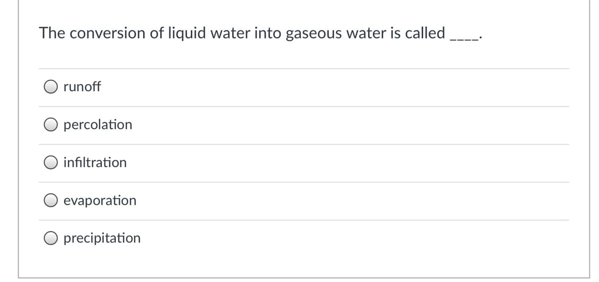 The conversion of liquid water into gaseous water is called
runoff
percolation
O infiltration
evaporation
O precipitation
